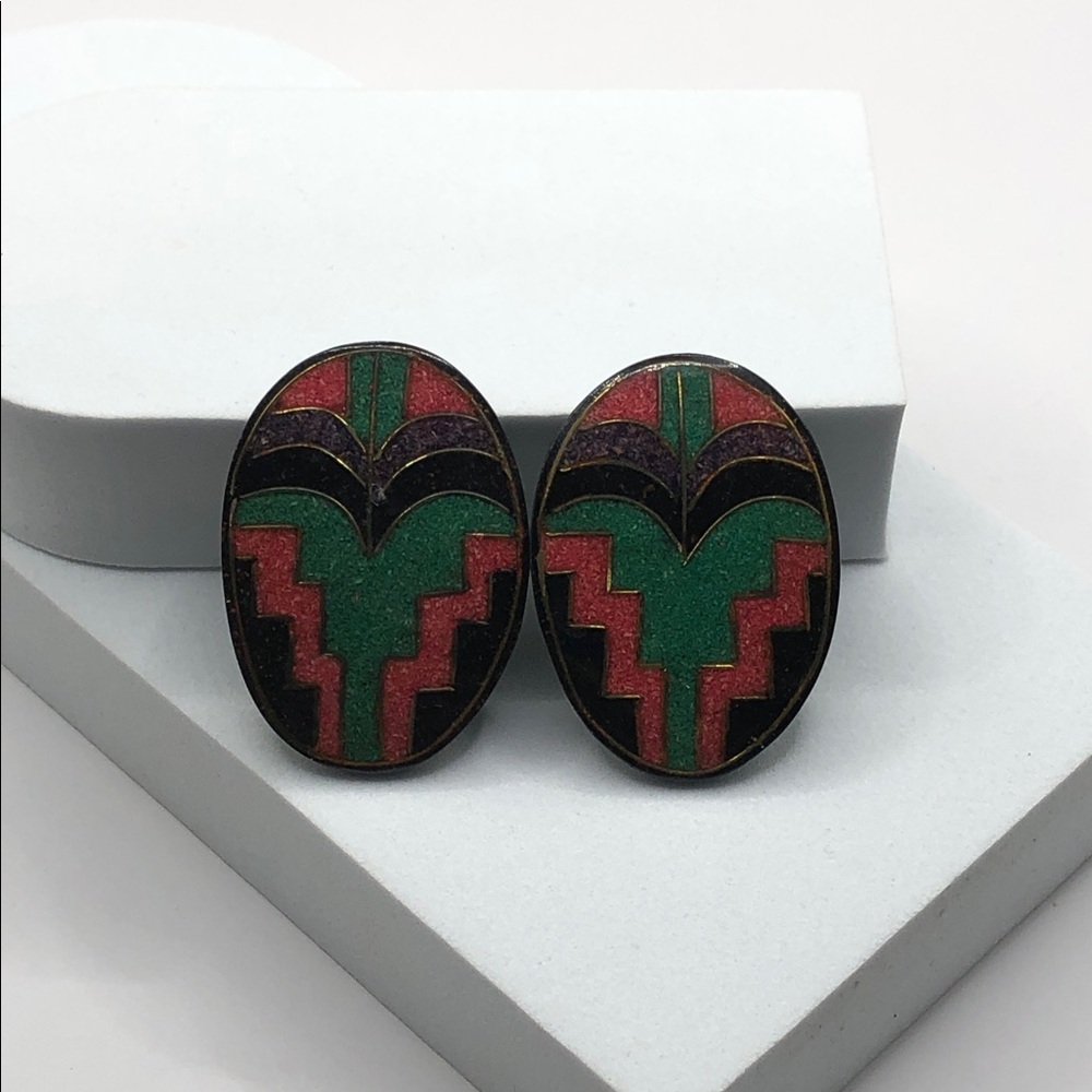 Vintage handmade Southwestern style colorful inlay statement oval earrings boho